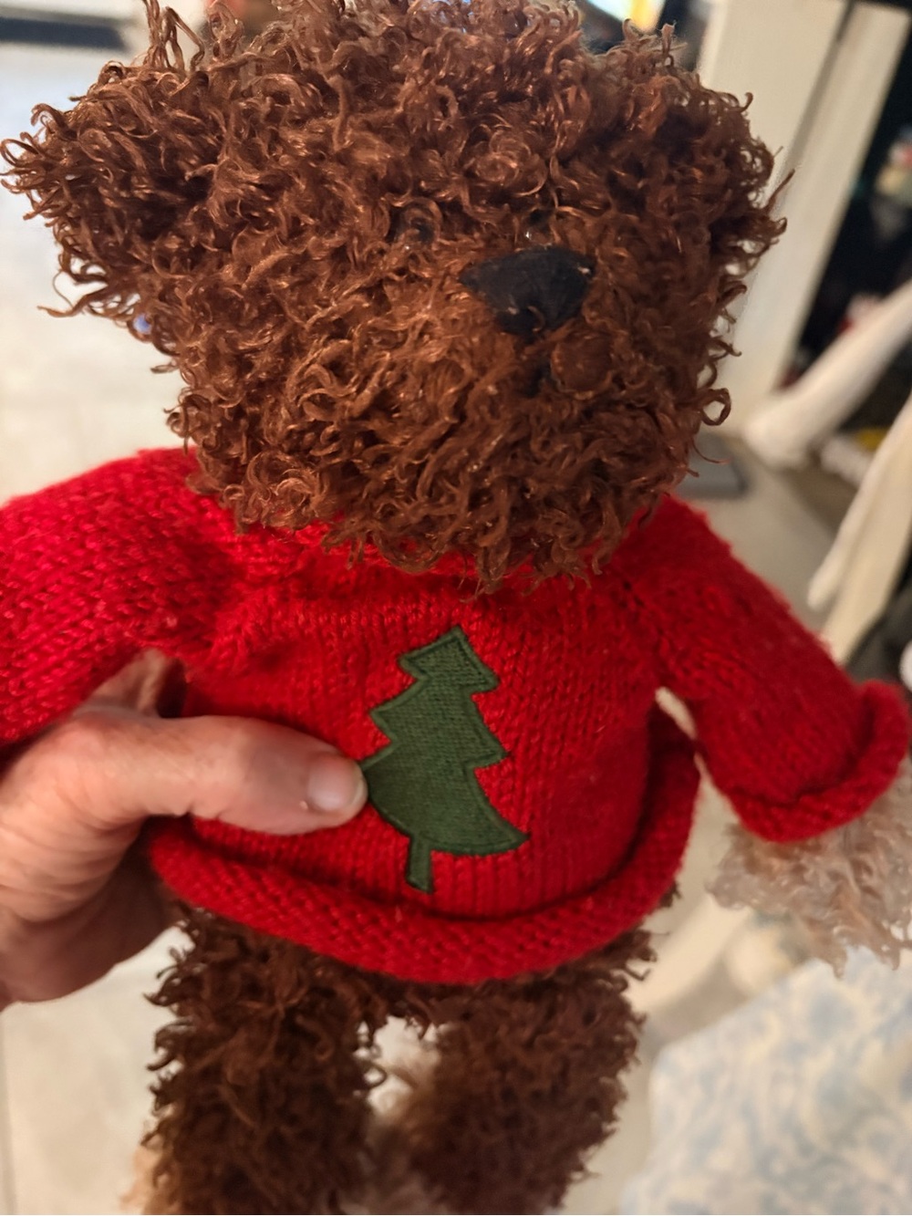 Vintage Brown Teddy Bear Plush in Red Holiday Sweater with Green Tree